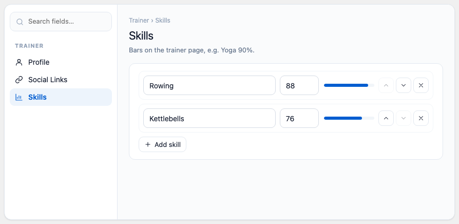 The trainer Skills section with two skills and percent bars