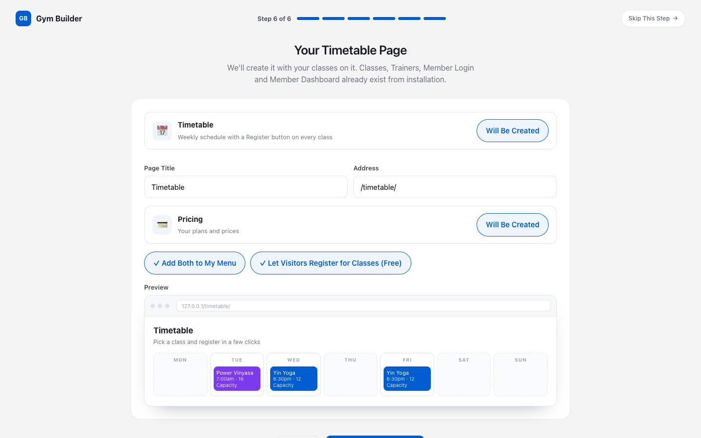 The Timetable page step with page title, address, Add Both to My Menu and Let Visitors Register for Classes