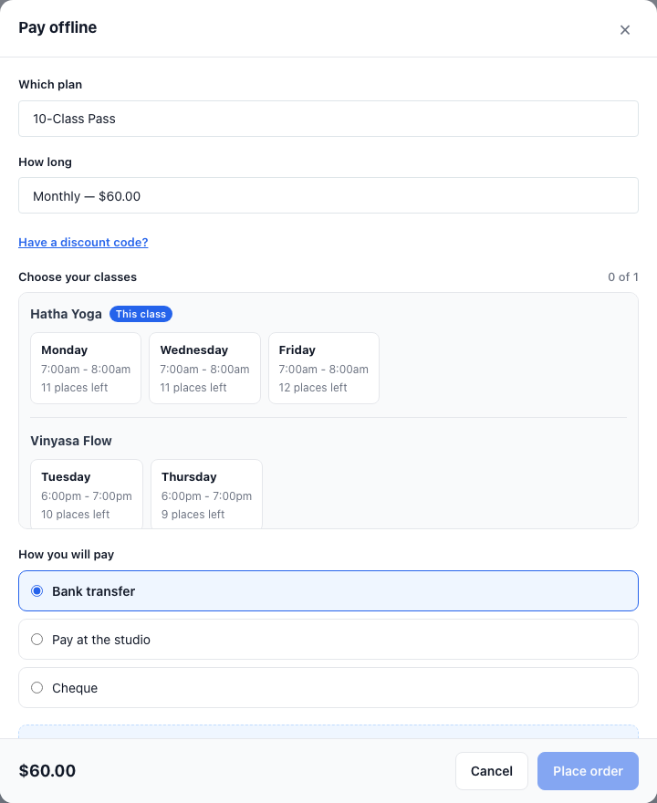 The Pay offline window opened from the Hatha Yoga class page: Which plan, How long, Have a discount code?, and Choose your classes with Hatha Yoga marked This class