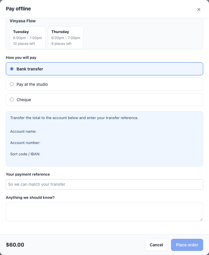 Further down the same window: the bank transfer instructions, Your payment reference and Anything we should know?, with the total and Place order
