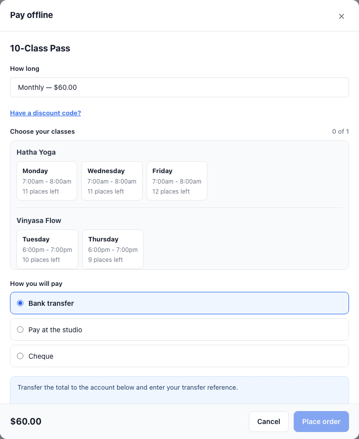 The Pay offline window for the 10-Class Pass: How long, Have a discount code?, Choose your classes with places left, and How you will pay with three choices