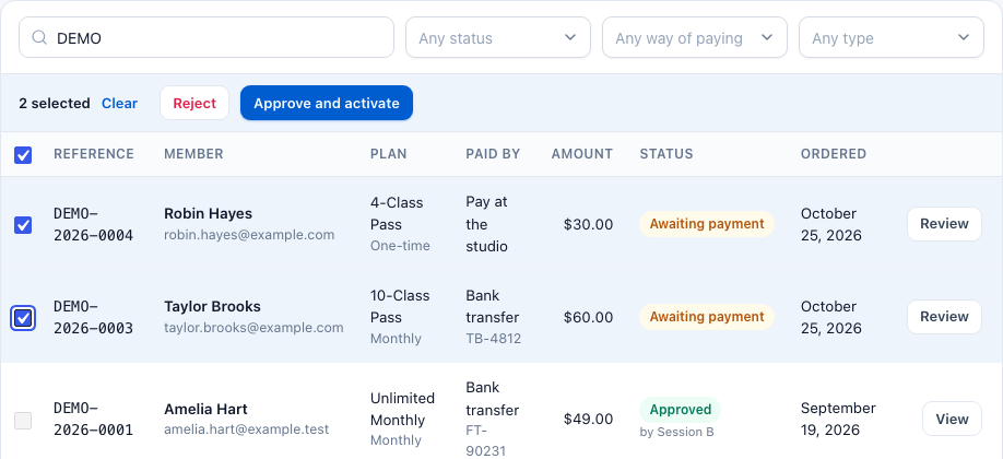 Two orders ticked and a bar reading 2 selected, with Clear, Reject and Approve and activate