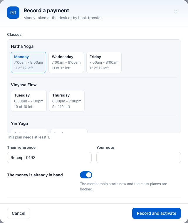 The bottom of the Record a payment window: Their reference, Your note and the switch The money is already in hand, with Record and activate