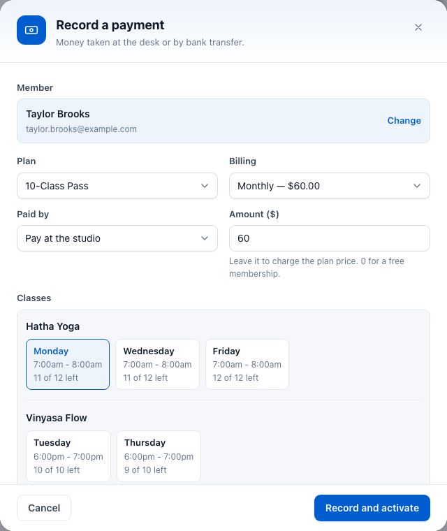 The Record a payment window with member Taylor Brooks, plan 10-Class Pass, Billing Monthly $60.00, Paid by Pay at the studio, Amount 60, and class times with places left
