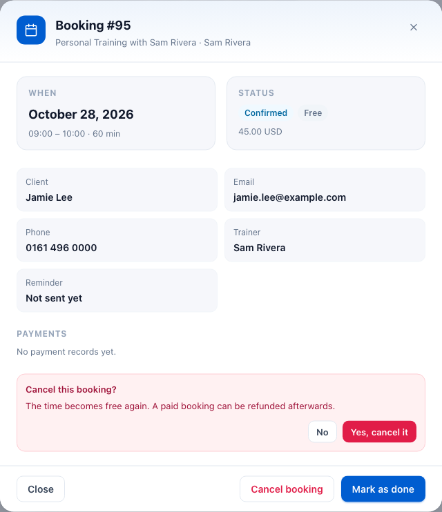 The Cancel this booking? question with No and Yes, cancel it