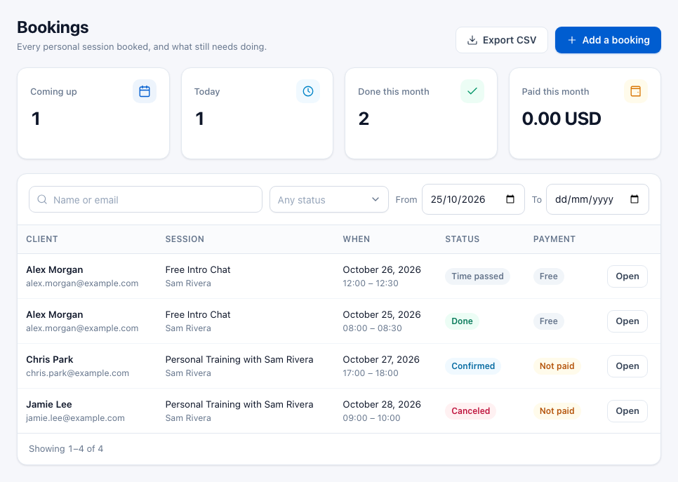 The Bookings page with four counters and a list of bookings showing Time passed, Done, Confirmed and Canceled statuses, and Free and Not paid payments