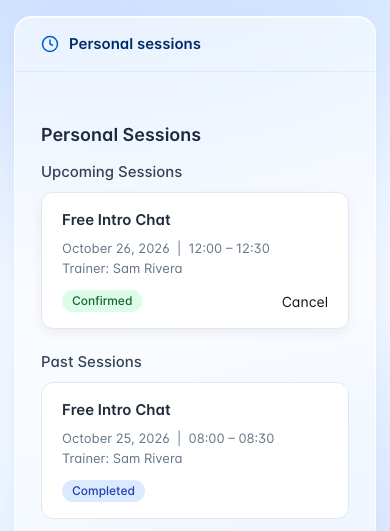 The Personal Sessions tab on a phone with an upcoming and a past session