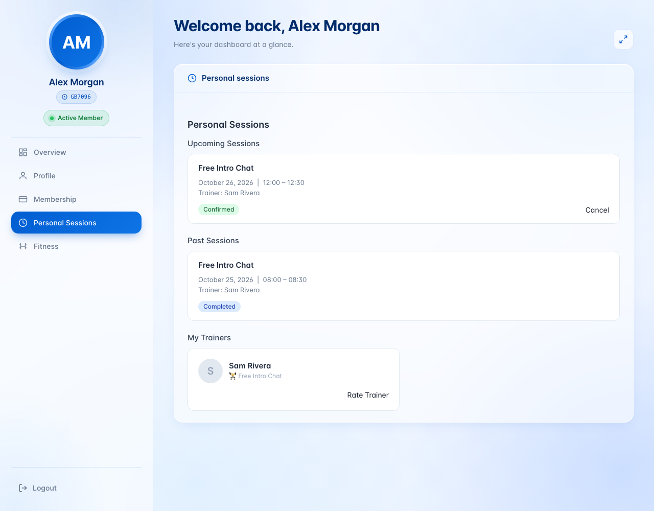 A member's dashboard on the Personal Sessions tab with an upcoming session, a completed session and My Trainers with Rate Trainer