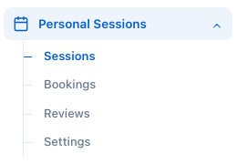 The Personal Sessions group in the Gym Builder Dashboard menu with Sessions, Bookings, Reviews and Settings