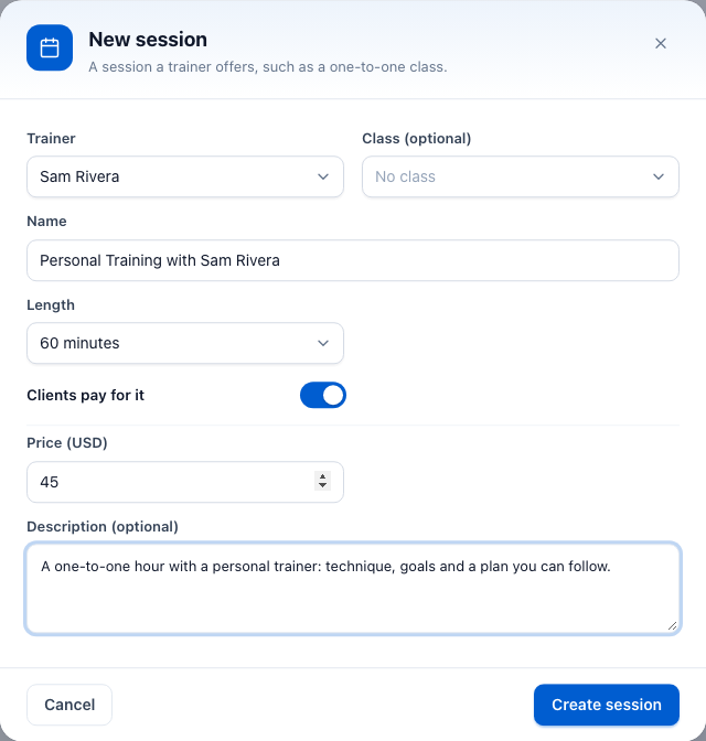 The New session window with Trainer, Class, Name, Length, Clients pay for it, Price and Description