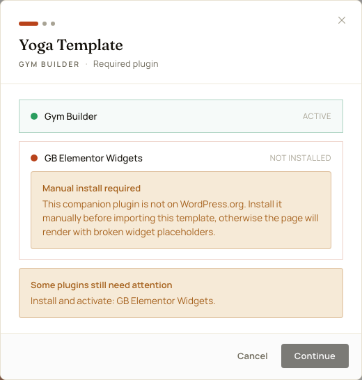 The Required plugin step with GB Elementor Widgets Not installed, a Manual install required note, and Continue greyed out