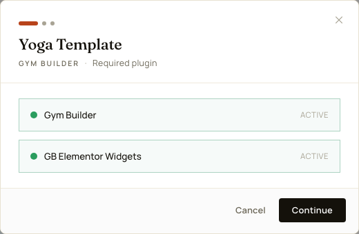 Import window for the Yoga Template on the Required plugin step: Gym Builder and GB Elementor Widgets both Active, with Cancel and Continue buttons