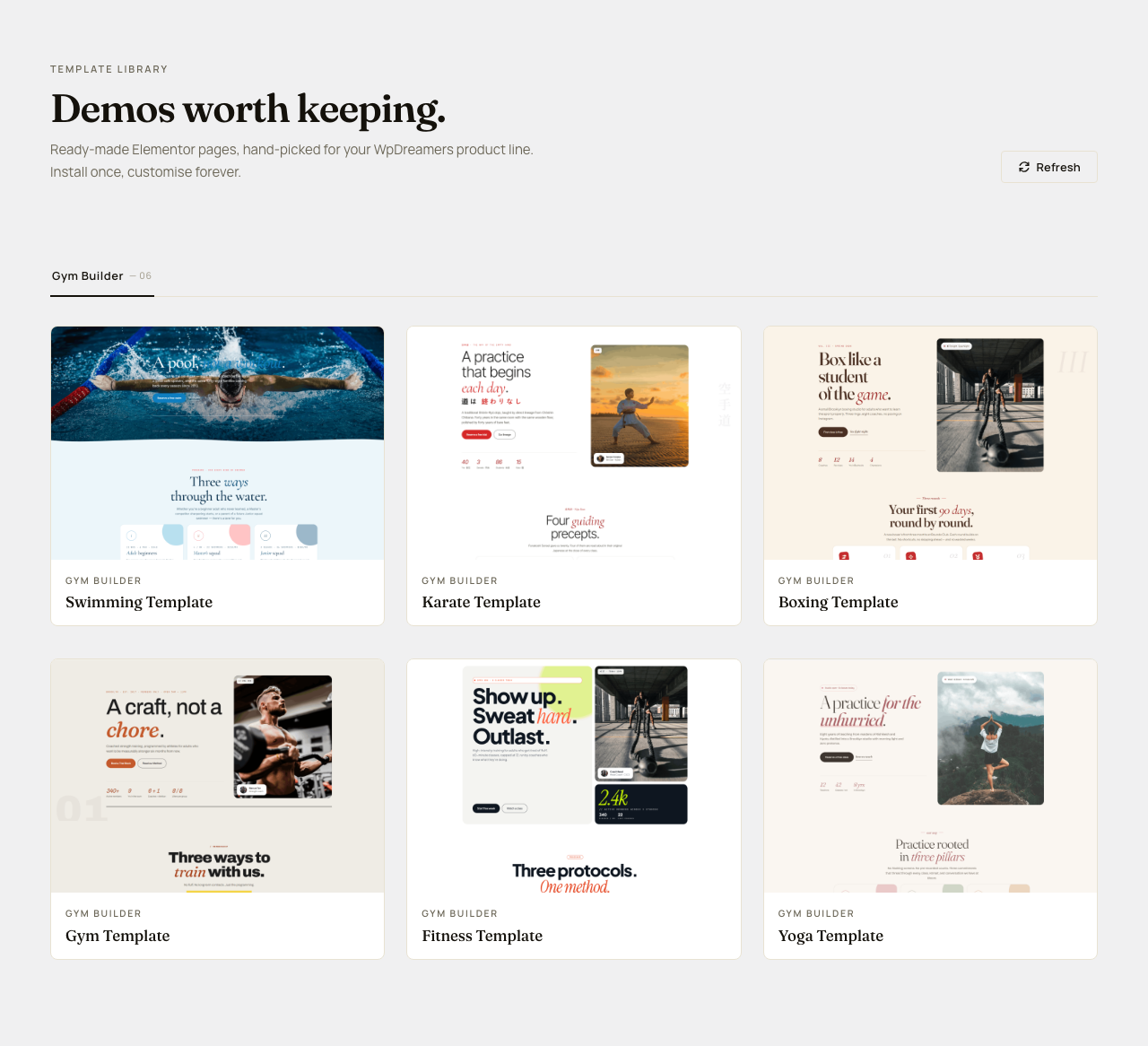 The WpDreamers Template library: the Gym Builder tab with six design cards — Swimming, Karate, Boxing, Gym, Fitness and Yoga Template