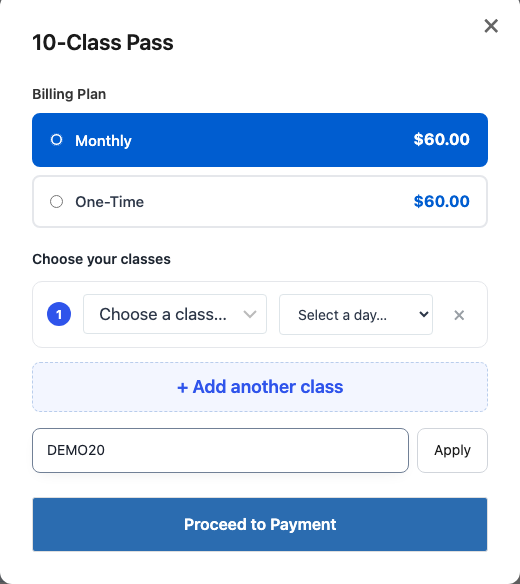 The Subscribe Now window for the 10-Class Pass with the billing plan, class picker and an open code box with DEMO20 typed in and an Apply button