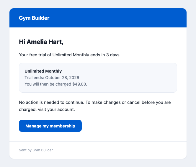 The trial ending email: Hi Amelia Hart, your free trial of Unlimited Monthly ends in 3 days, trial ends October 28, 2026, you will then be charged $49.00, and a Manage my membership button