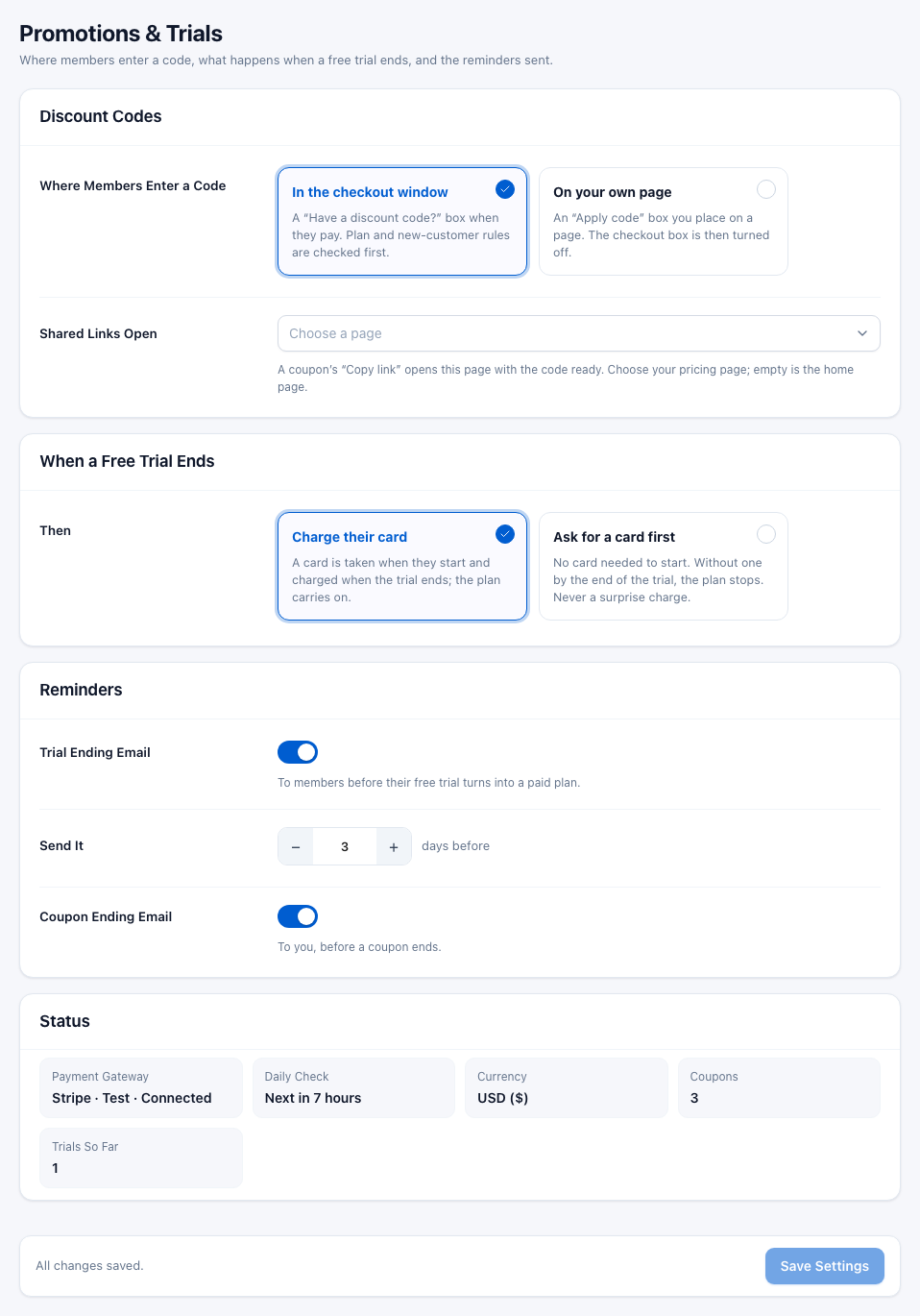 The Promotions & Trials settings page with the Discount Codes, When a Free Trial Ends, Reminders and Status cards
