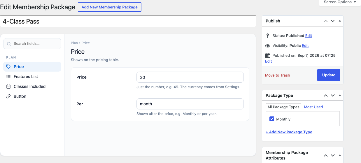 A plan with its name, price and Package Type