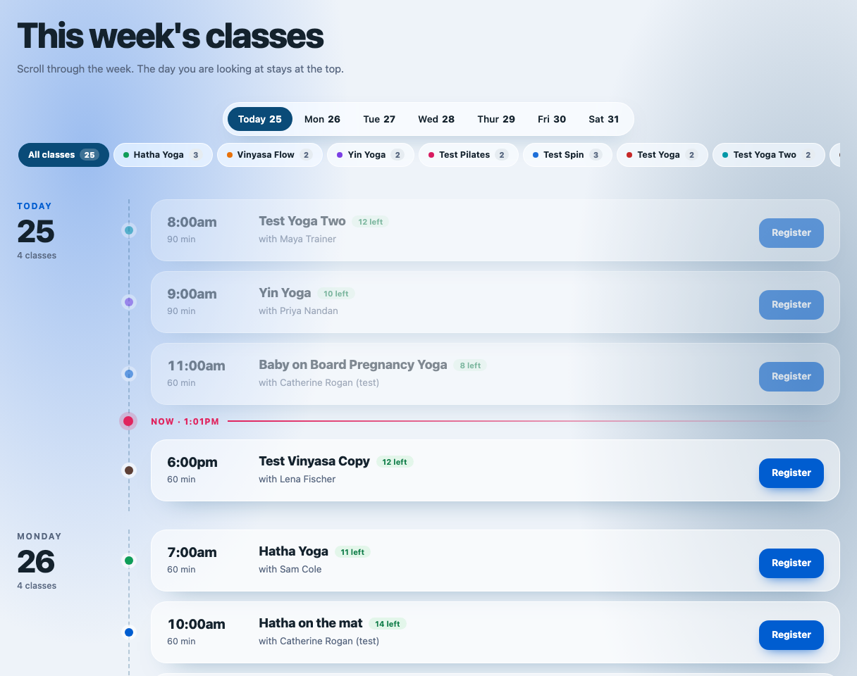 The weekly timetable on the website with Register buttons