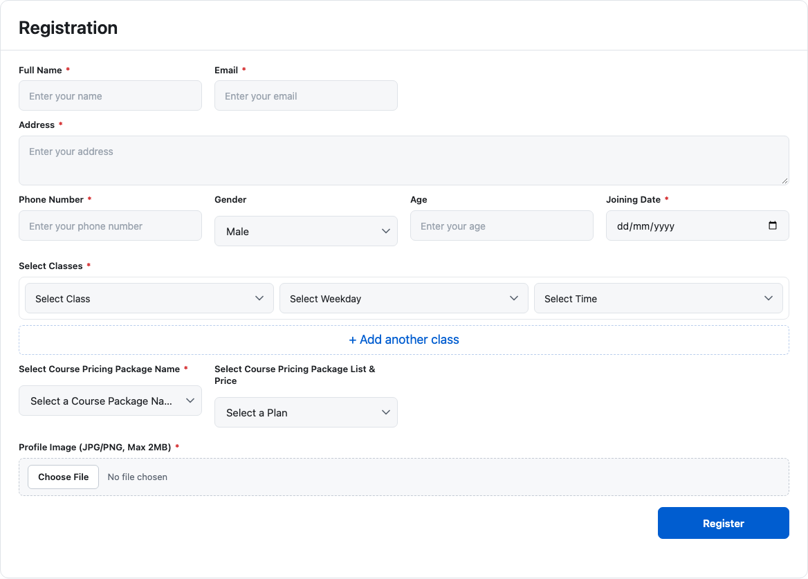 The registration form on a page: name, email, address, phone, gender, age, joining date, class rows, the plan boxes starting on Select a Plan, and profile image, with a Register button