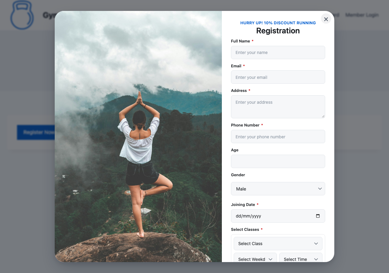 The popup in the Photo and form layout: a yoga photo on the left, a white form on the right ending with the Select Classes row