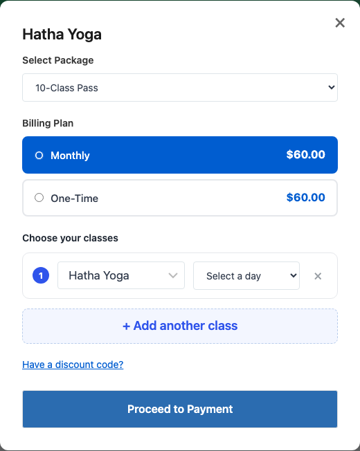 The buy window on the Hatha Yoga class page: Select Package set to 10-Class Pass, Billing Plan Monthly or One-Time, Choose your classes with Hatha Yoga preselected