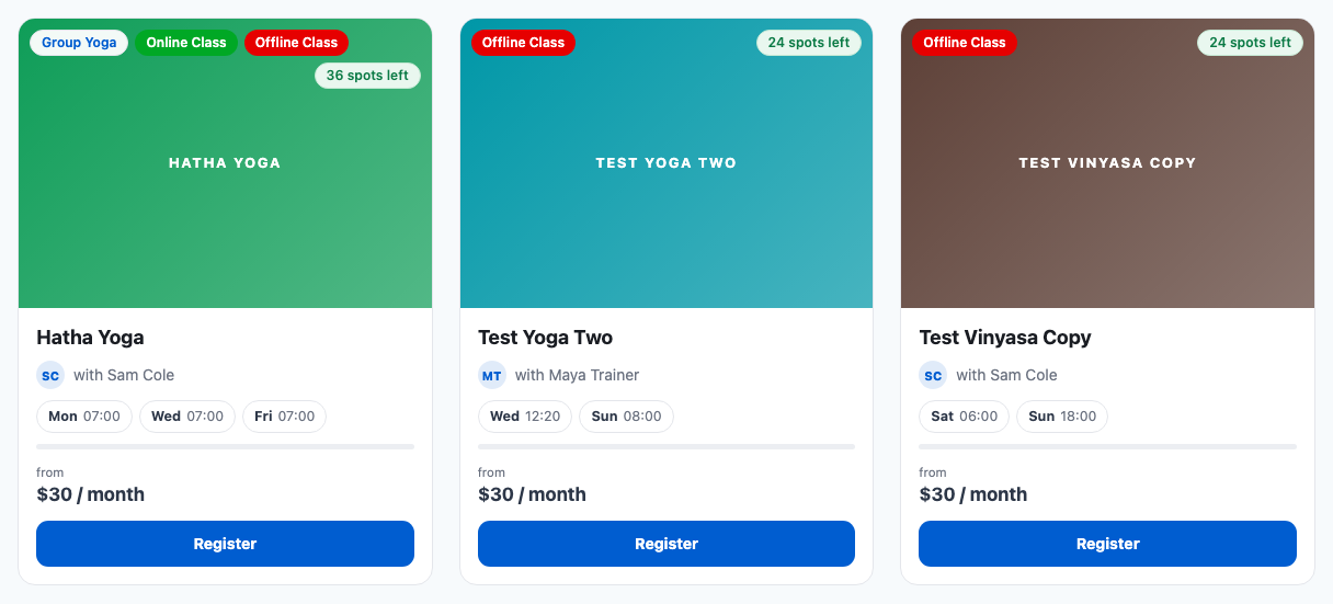Three class cards: Hatha Yoga shows both an Online Class and an Offline Class badge, the other two show Offline Class