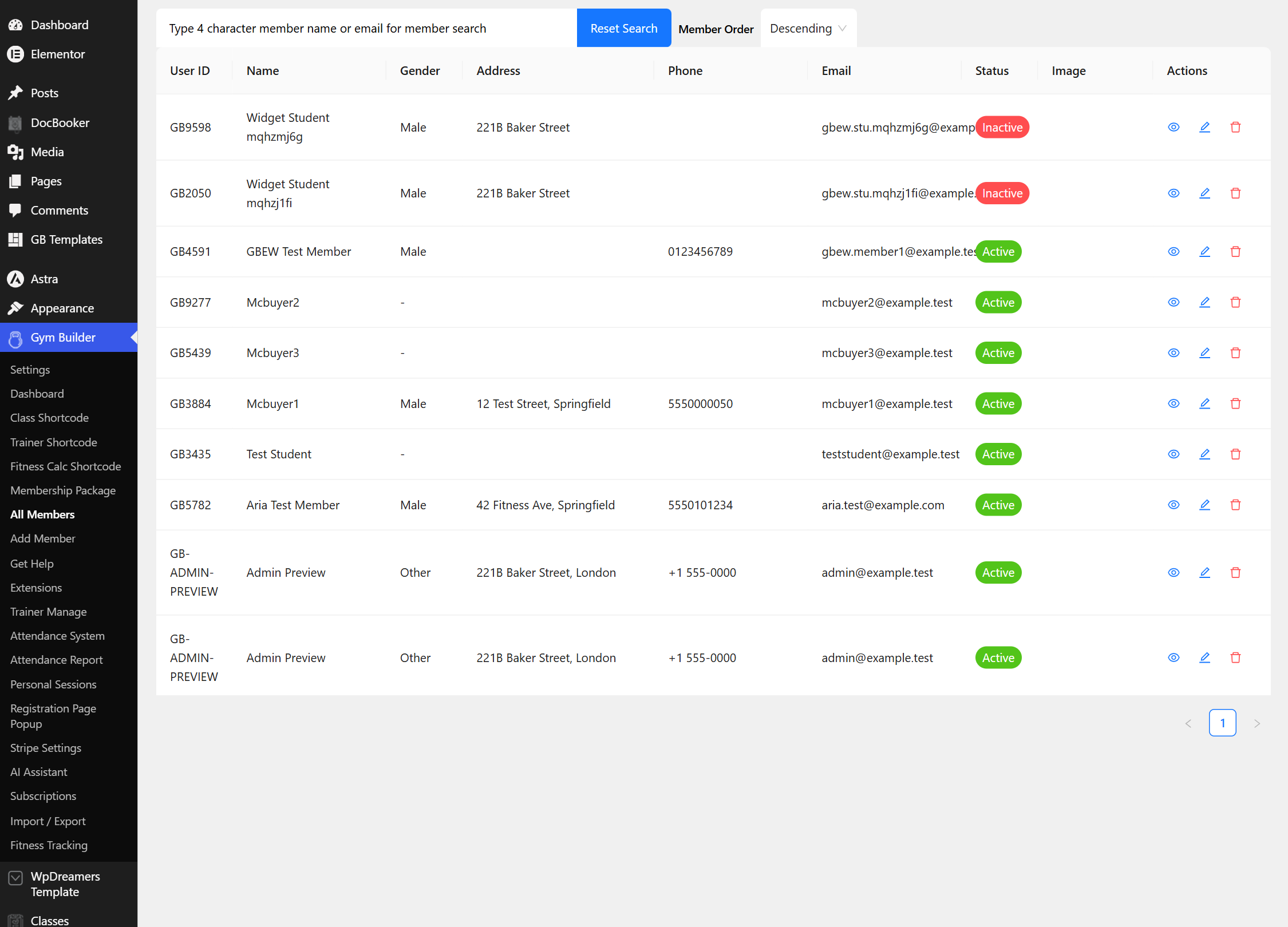 Member management admin screen with member IDs, status and actions