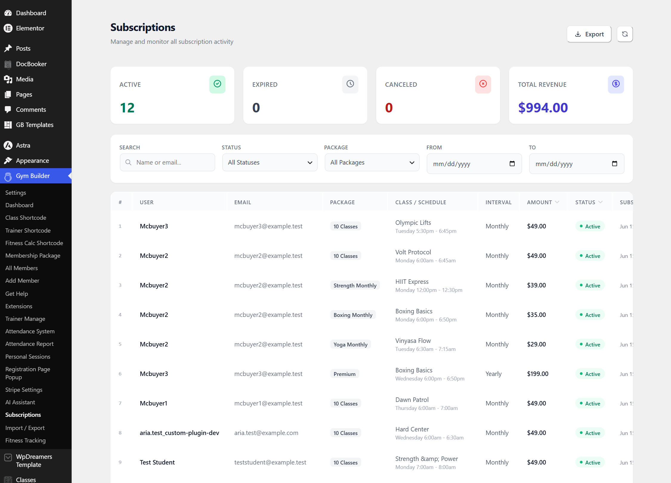 Stripe subscriptions dashboard with active count and total revenue