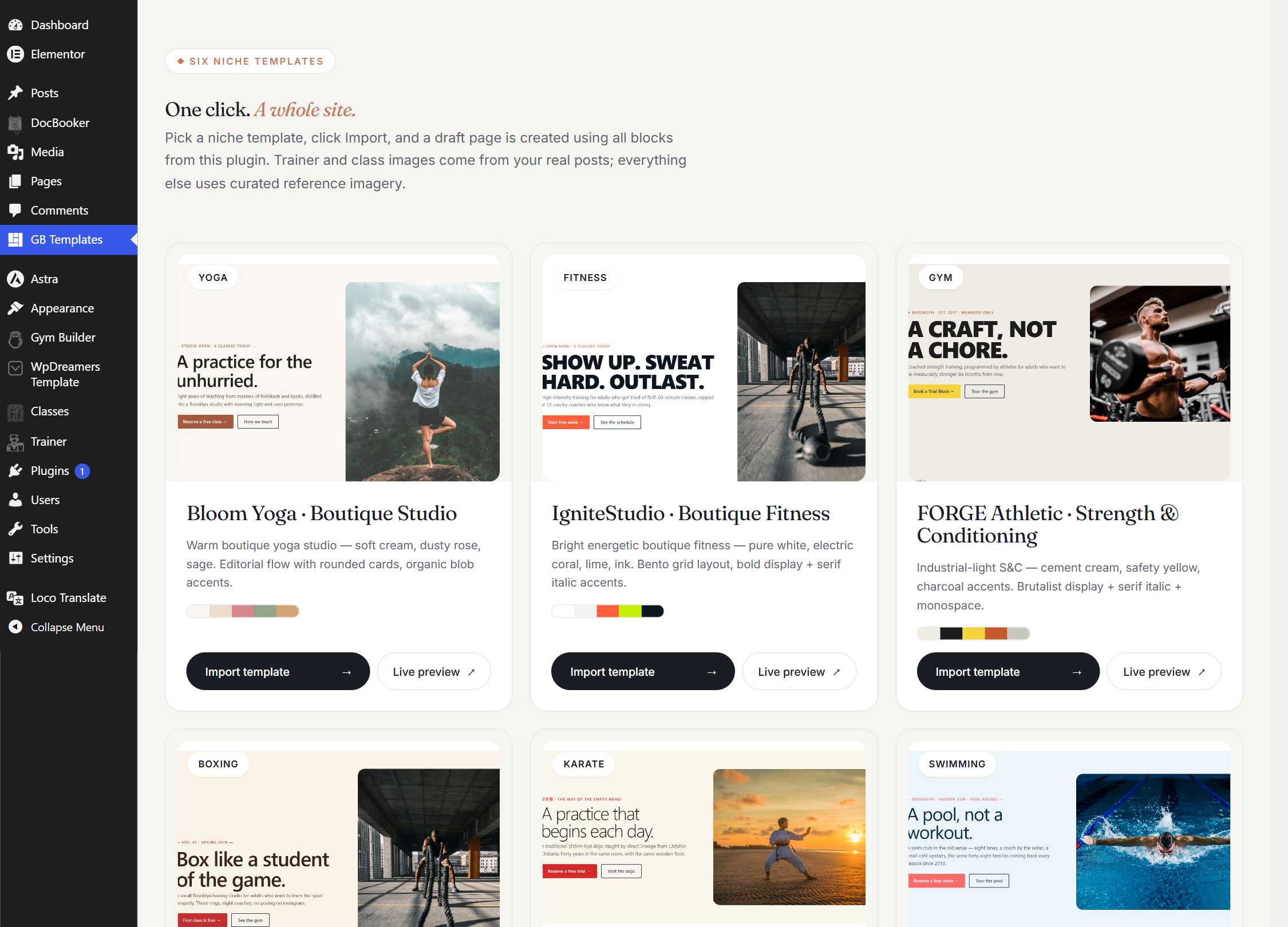 GB Templates library showing six niche template cards with preview thumbnails, palettes and Import buttons