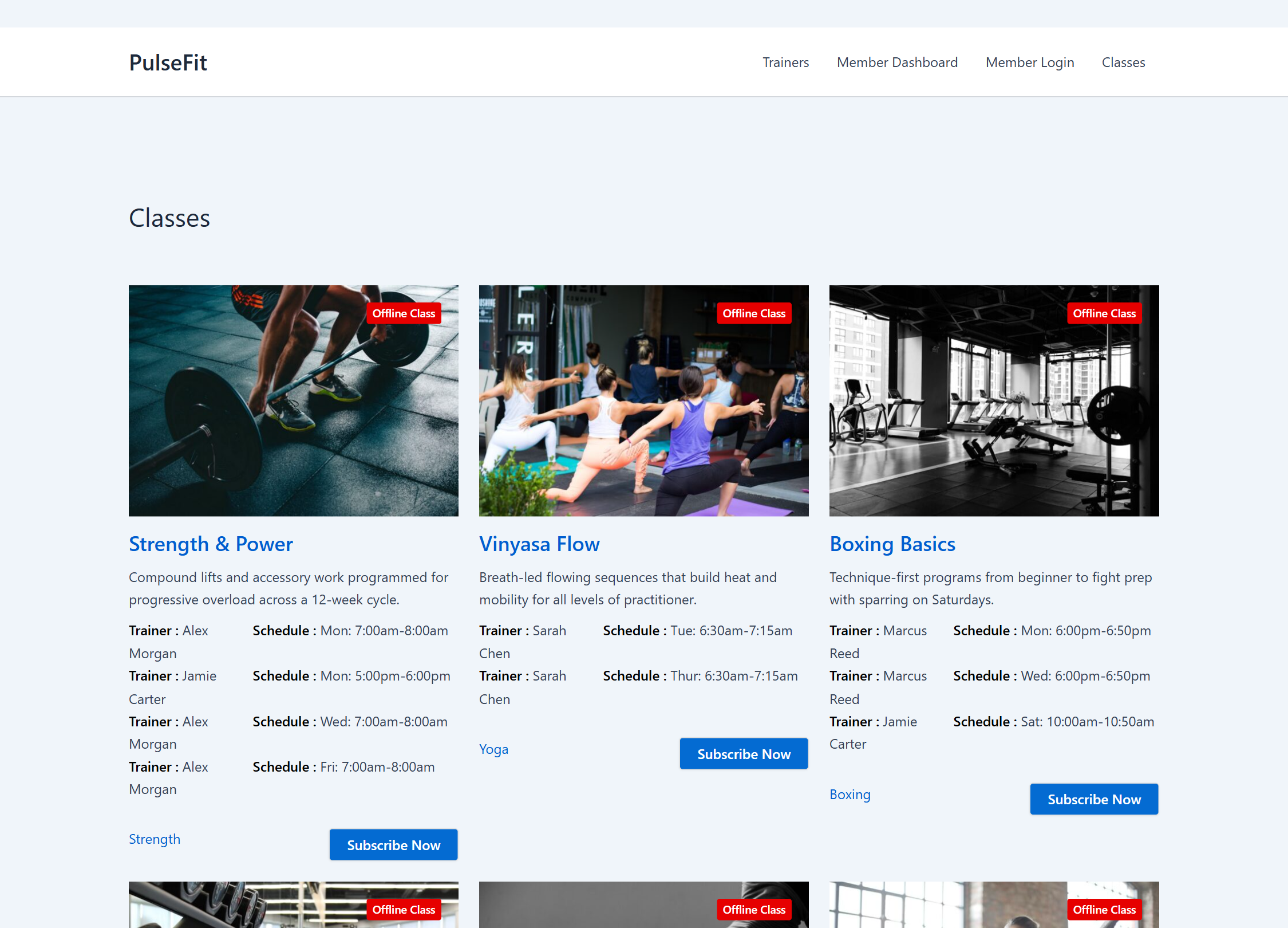 Gym Builder classes archive with class cards, trainers, schedules and online/offline badges
