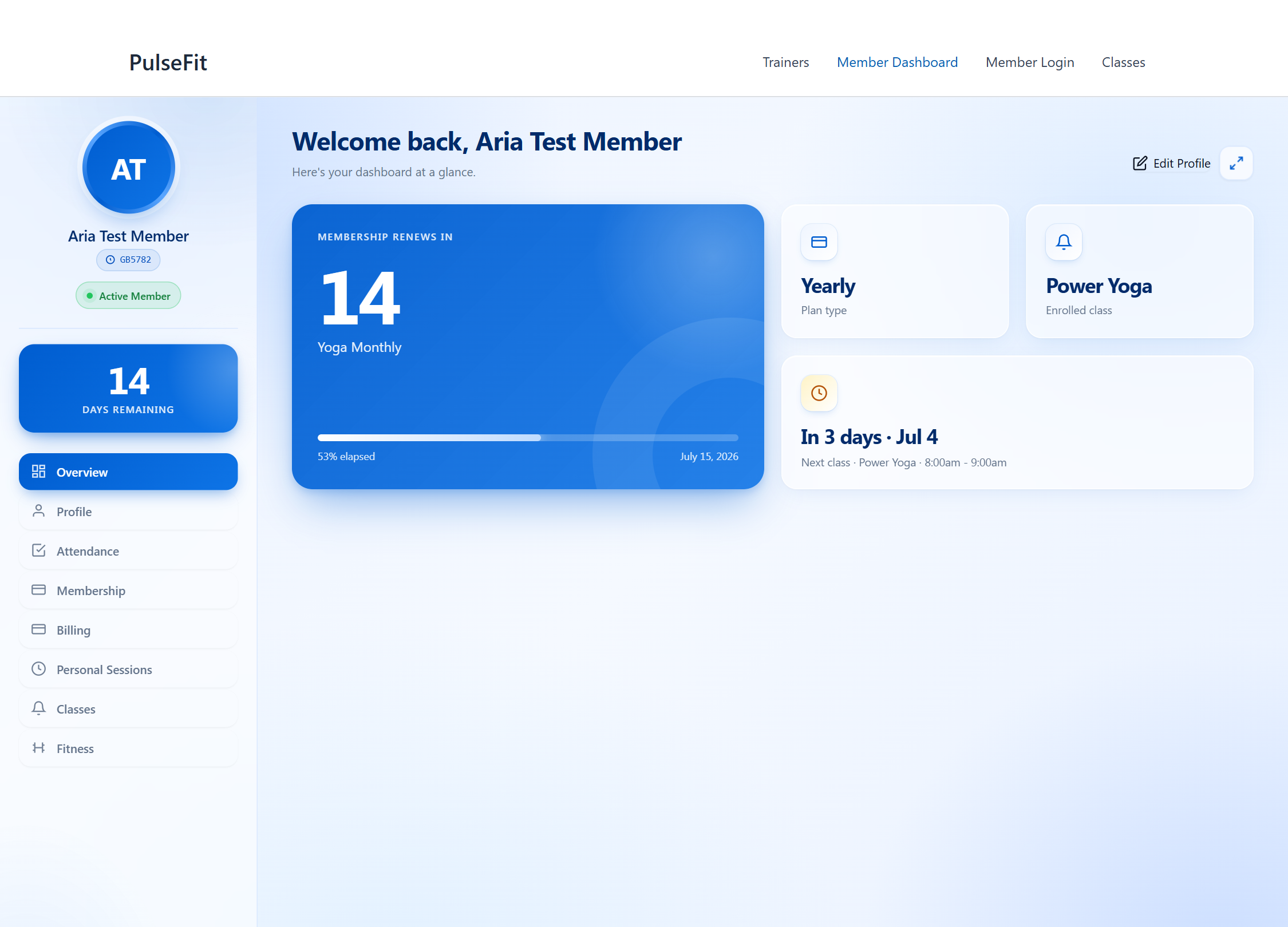 Gym Builder front-end member dashboard showing membership renewal countdown, plan type and next class