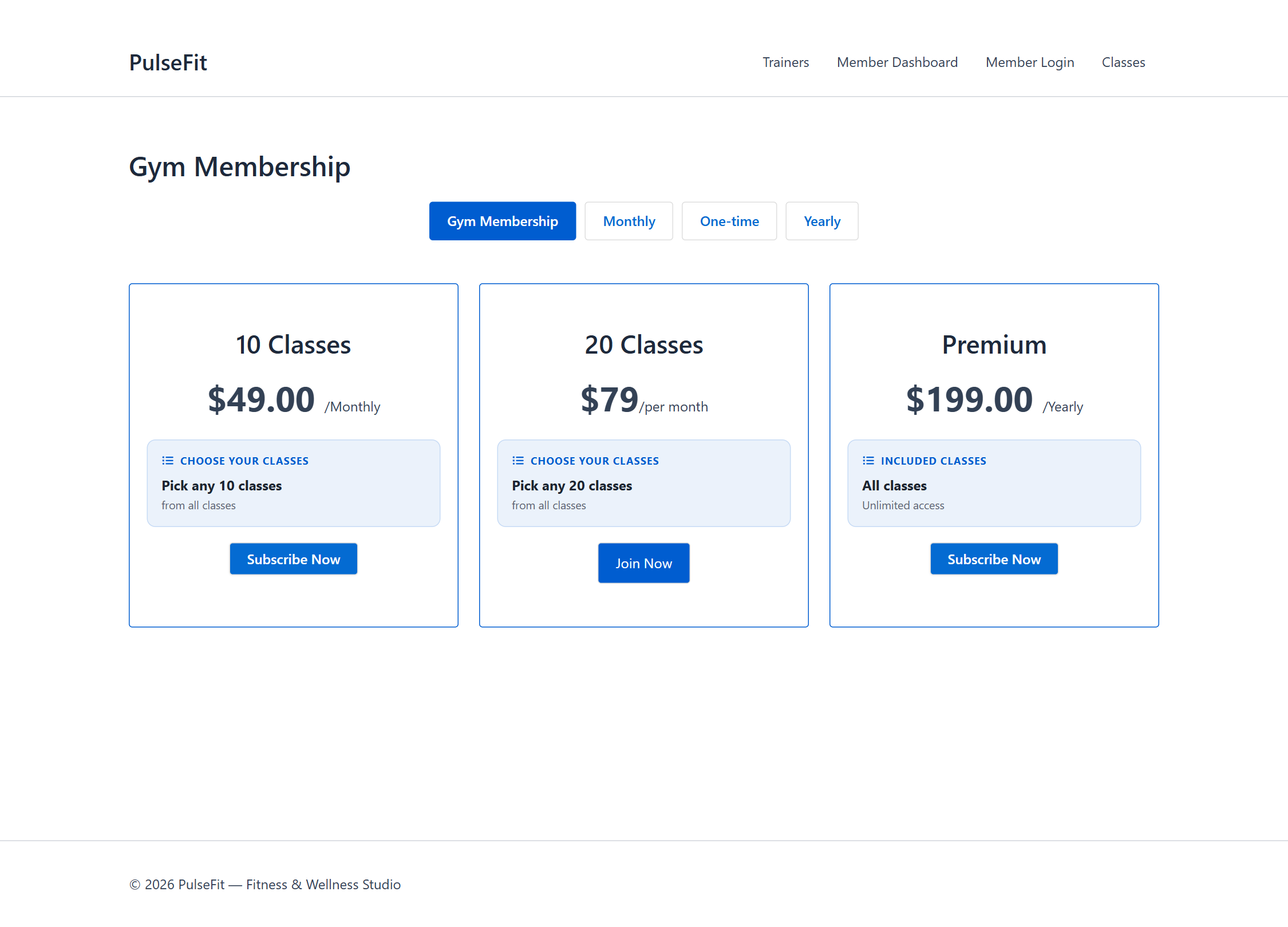 Gym Builder membership pricing plans: 10 Classes, 20 Classes and Premium tiers with monthly, one-time and yearly package-type tabs