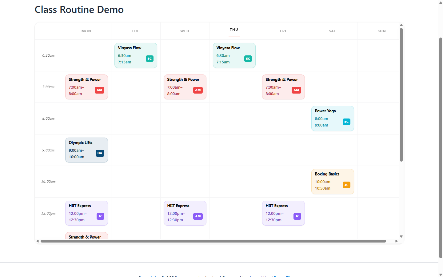 Class Routine block rendered on the frontend showing the week's class schedule