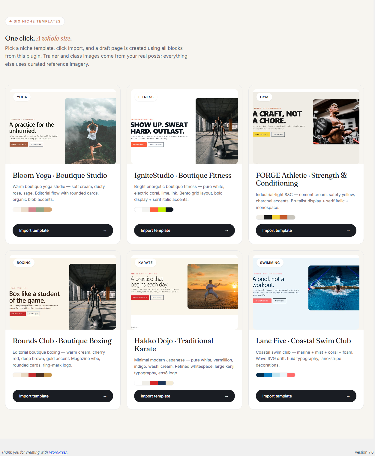 GB Templates admin page showing the 2x3 grid of 6 niche templates