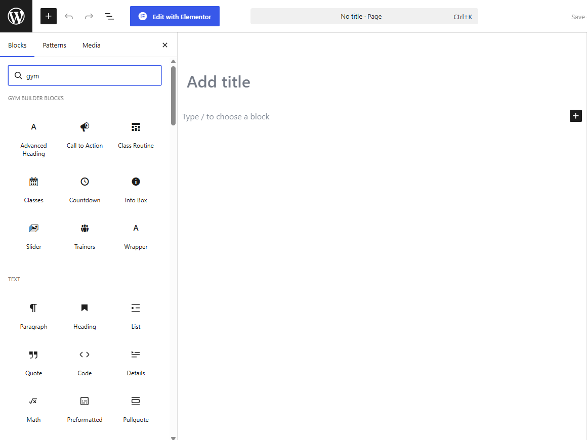 Gym Builder Blocks category in the WordPress block inserter showing all 9 blocks