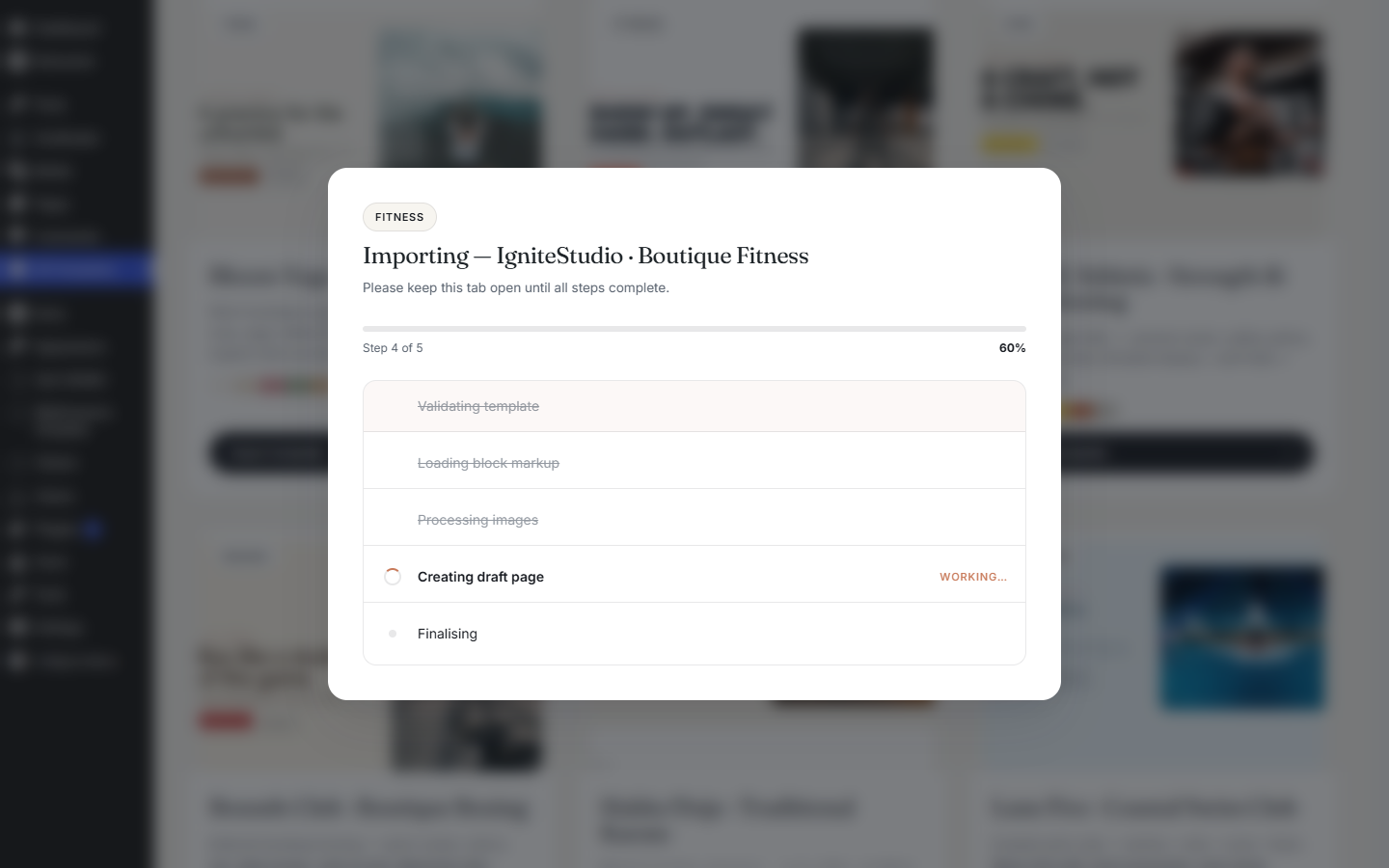 Template Importer 5-step progress UI showing Step 4 of 5 at 60% complete