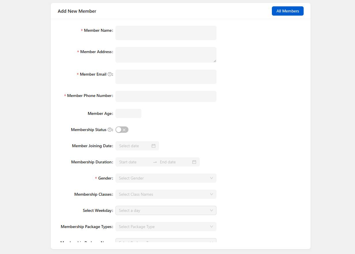 Gym Builder Add Member form showing all required fields including class and weekday pickers