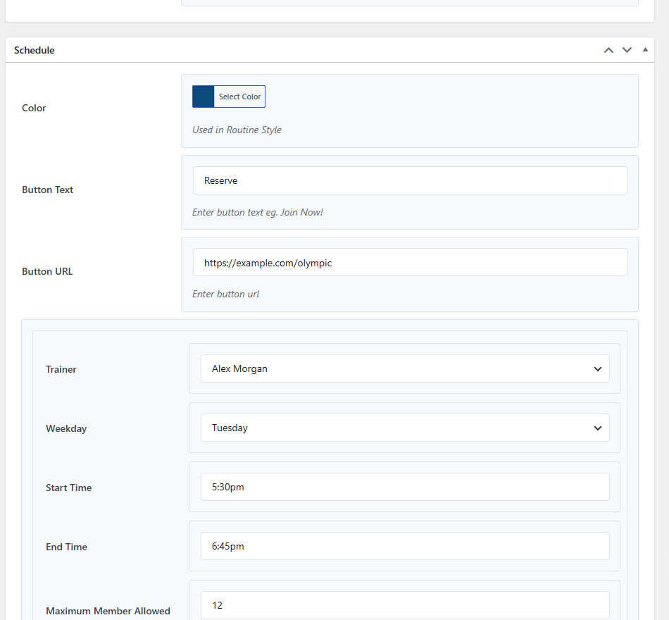 Edit Class screen showing the Schedule metabox with trainer, weekday, start/end time and capacity fields