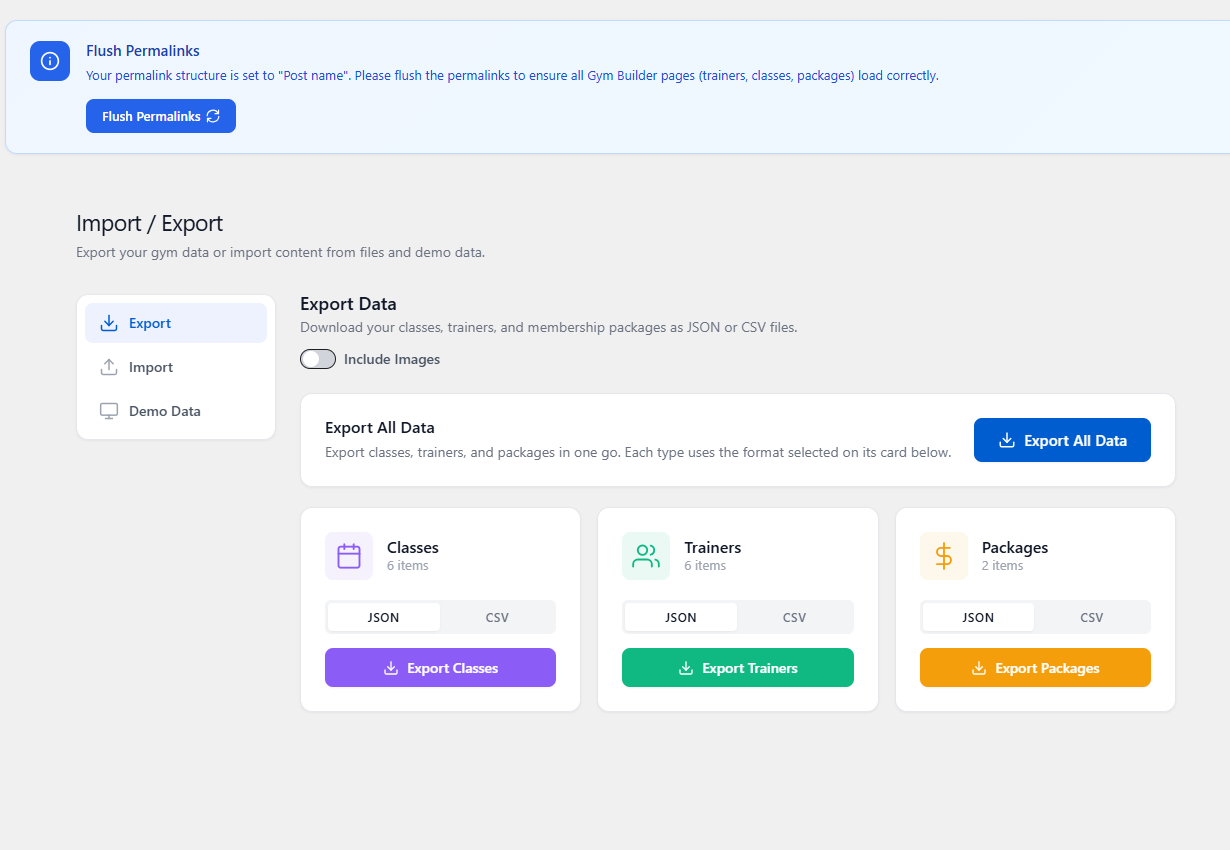 Gym Builder Import / Export admin page showing Export tab with Export All Data button and per-type Classes/Trainers/Packages cards (JSON or CSV)