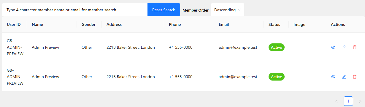 Gym Builder All Members React table showing user ID, name, gender, address, phone, email, status and per-row actions