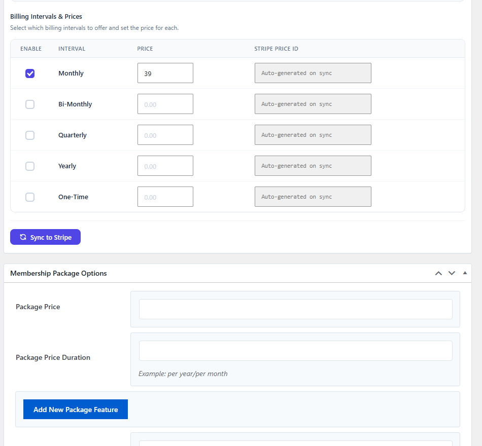Edit Membership Package screen showing Billing Intervals (Monthly/Bi-Monthly/Quarterly/Yearly/One-Time) with Sync to Stripe button