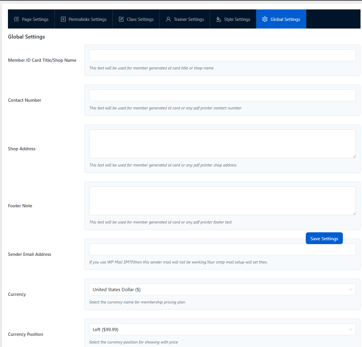 Gym Builder Global Settings tab showing currency, member ID card, contact details