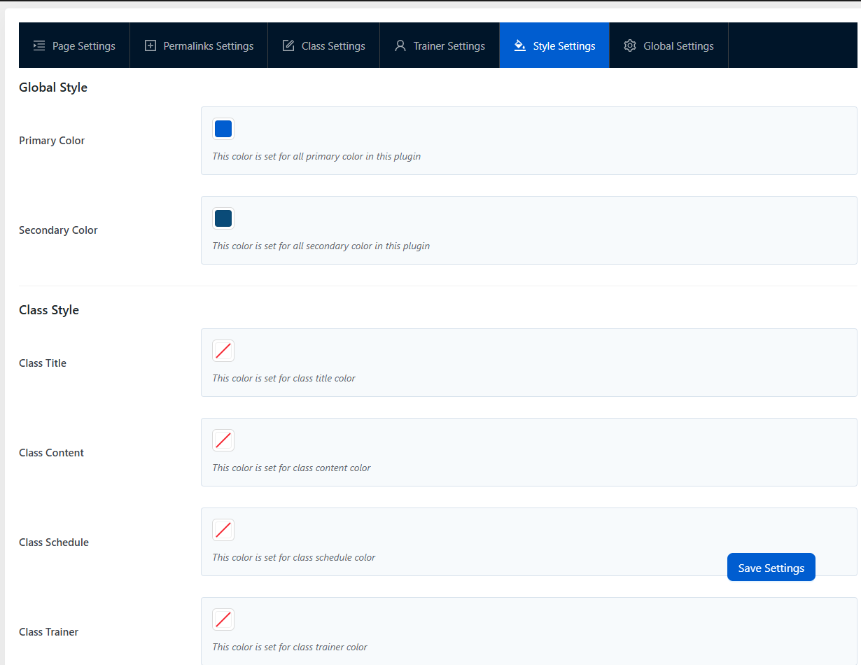 Gym Builder Style Settings tab showing Primary/Secondary color and per-element color pickers