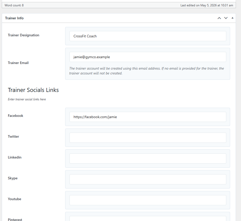 Edit Trainer screen showing Trainer Info (designation, email) and Trainer Socials Links (Facebook, Twitter, LinkedIn, Skype, YouTube, Pinterest)