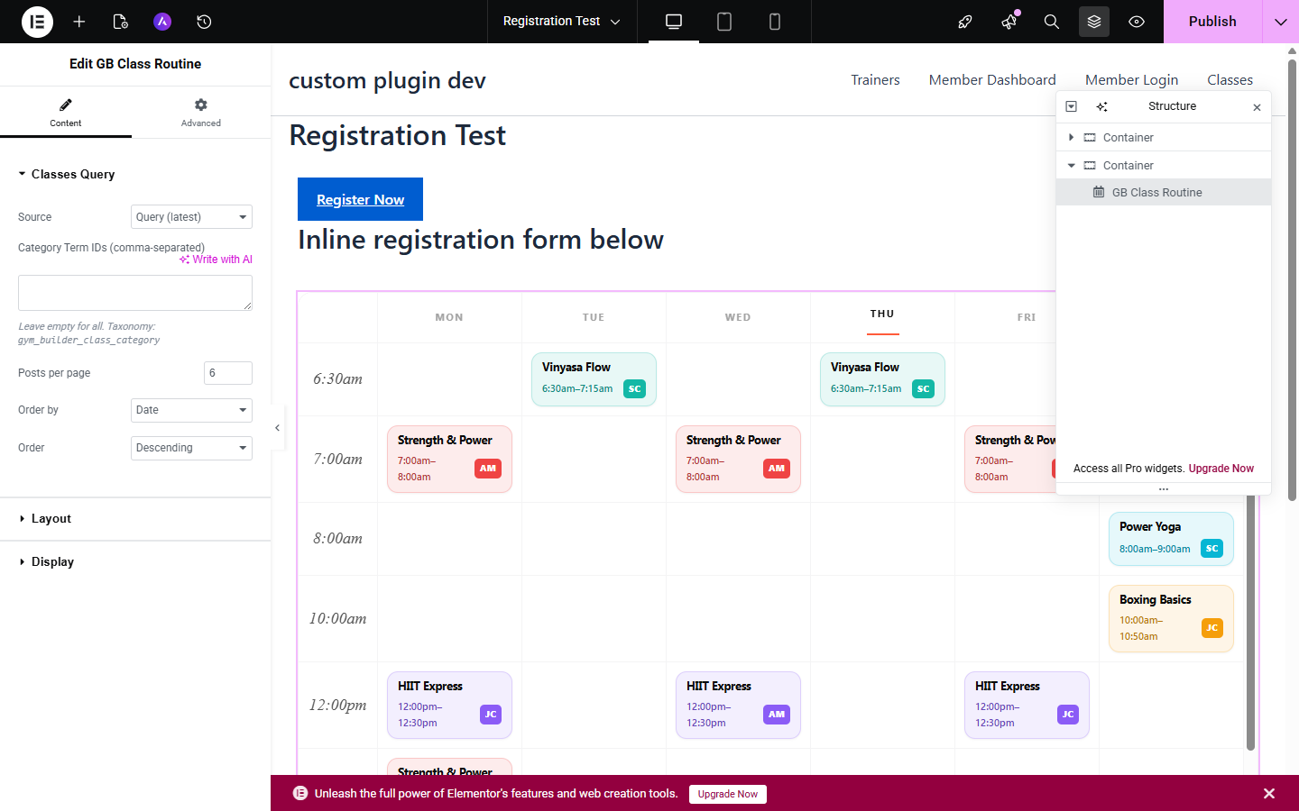 GB Class Routine widget rendered in the Elementor editor with a populated weekly timetable
