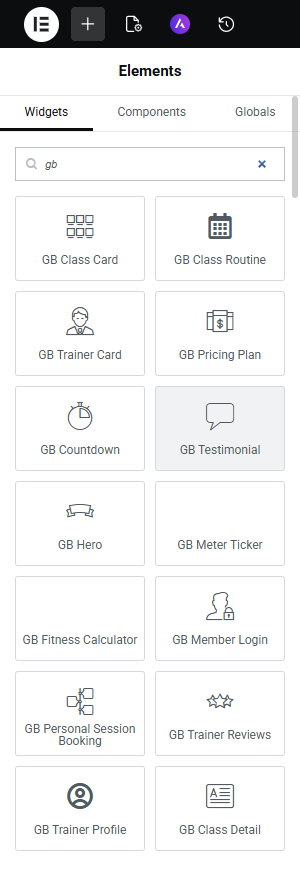 Elementor widget panel filtered to GB widgets showing all 14 widgets in tile view