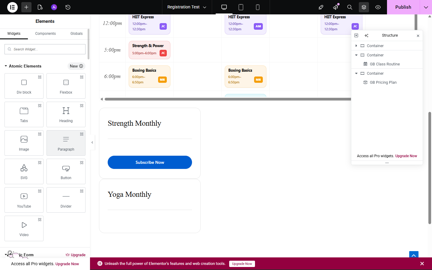 GB Pricing Plan widget rendered in the Elementor editor showing membership package cards