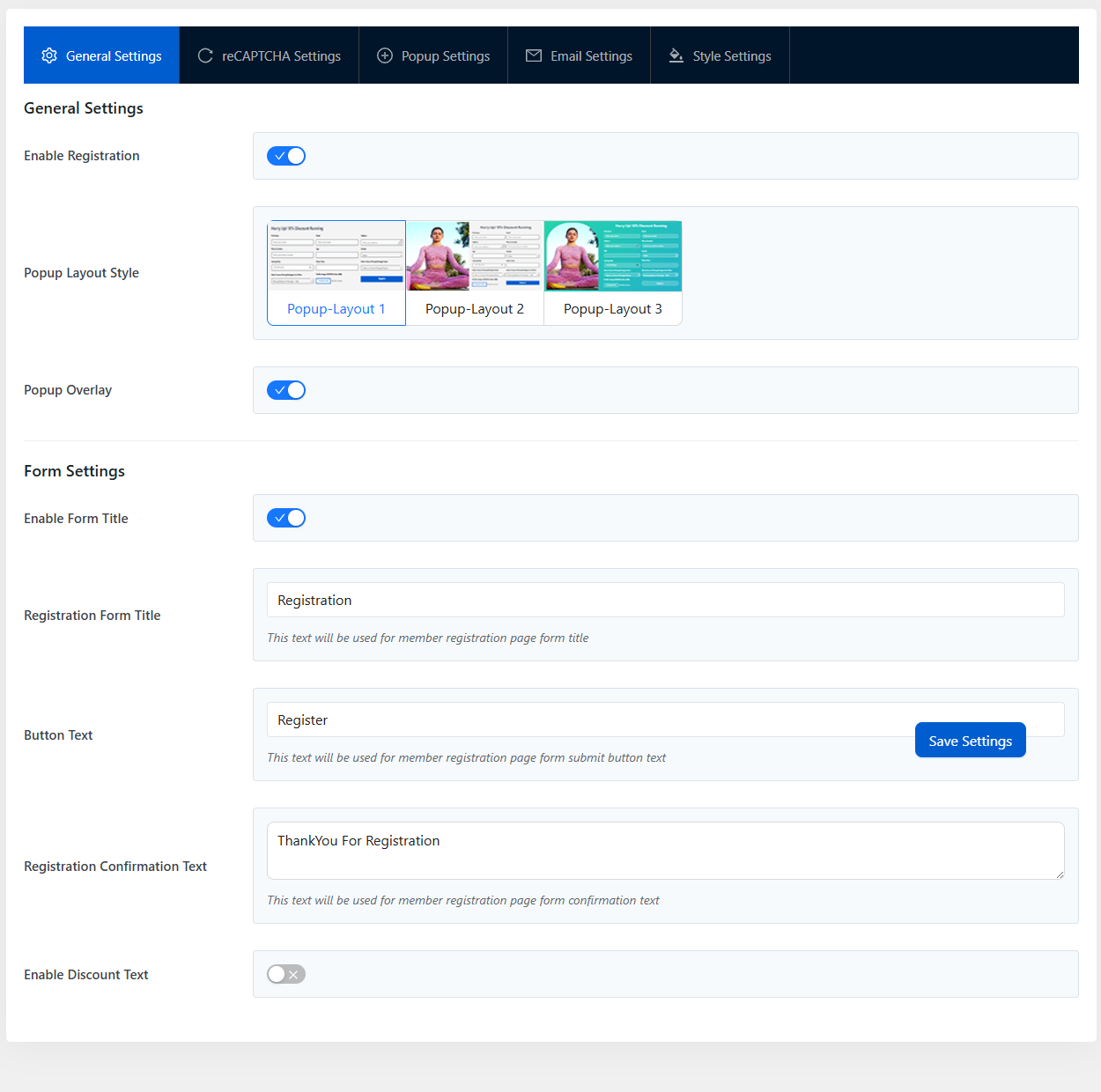 Registration Page Popup admin settings — General Settings tab showing Enable Registration, Popup Layout Style, Form Settings