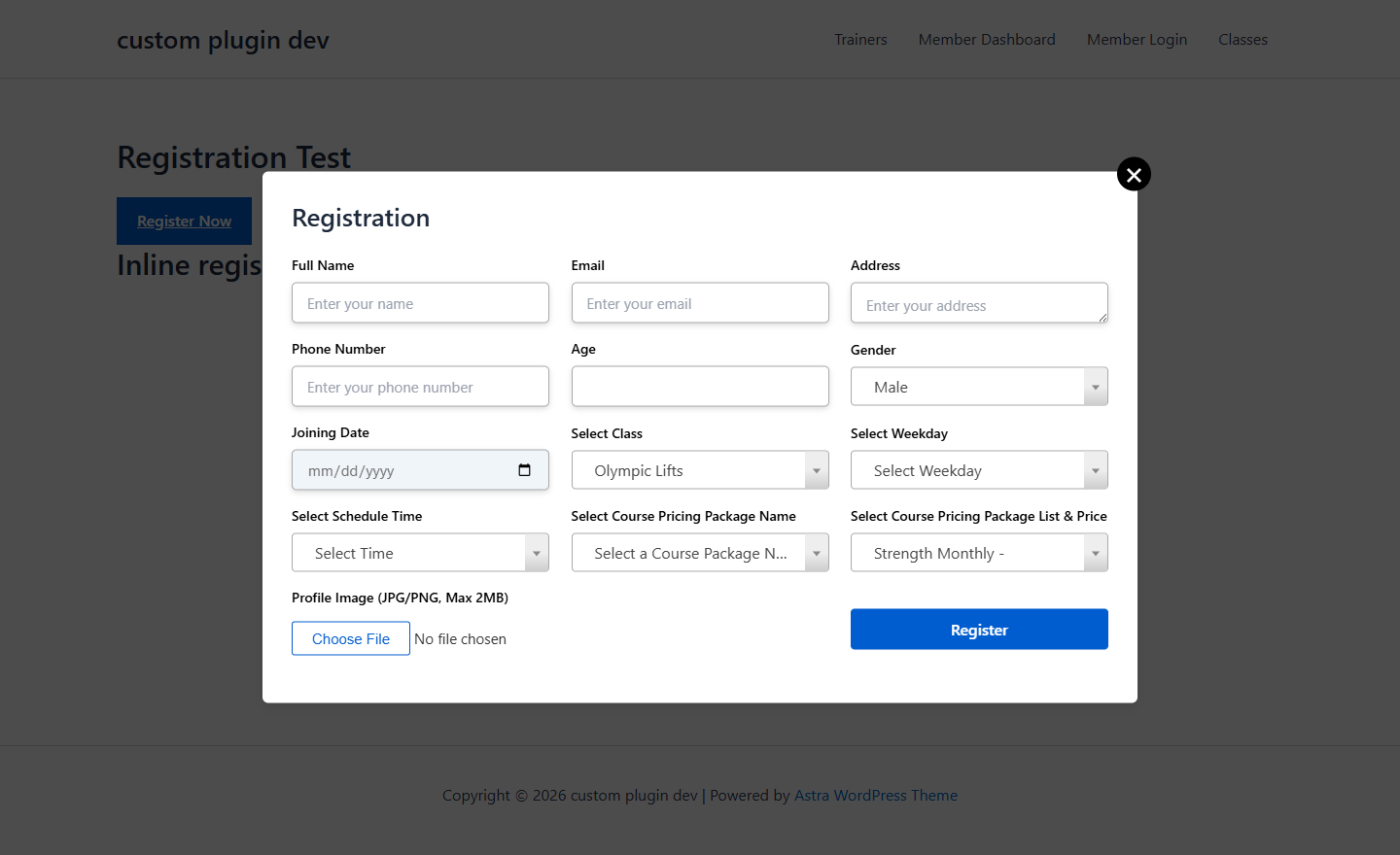 Registration popup overlay opened on the frontend, showing all member registration fields