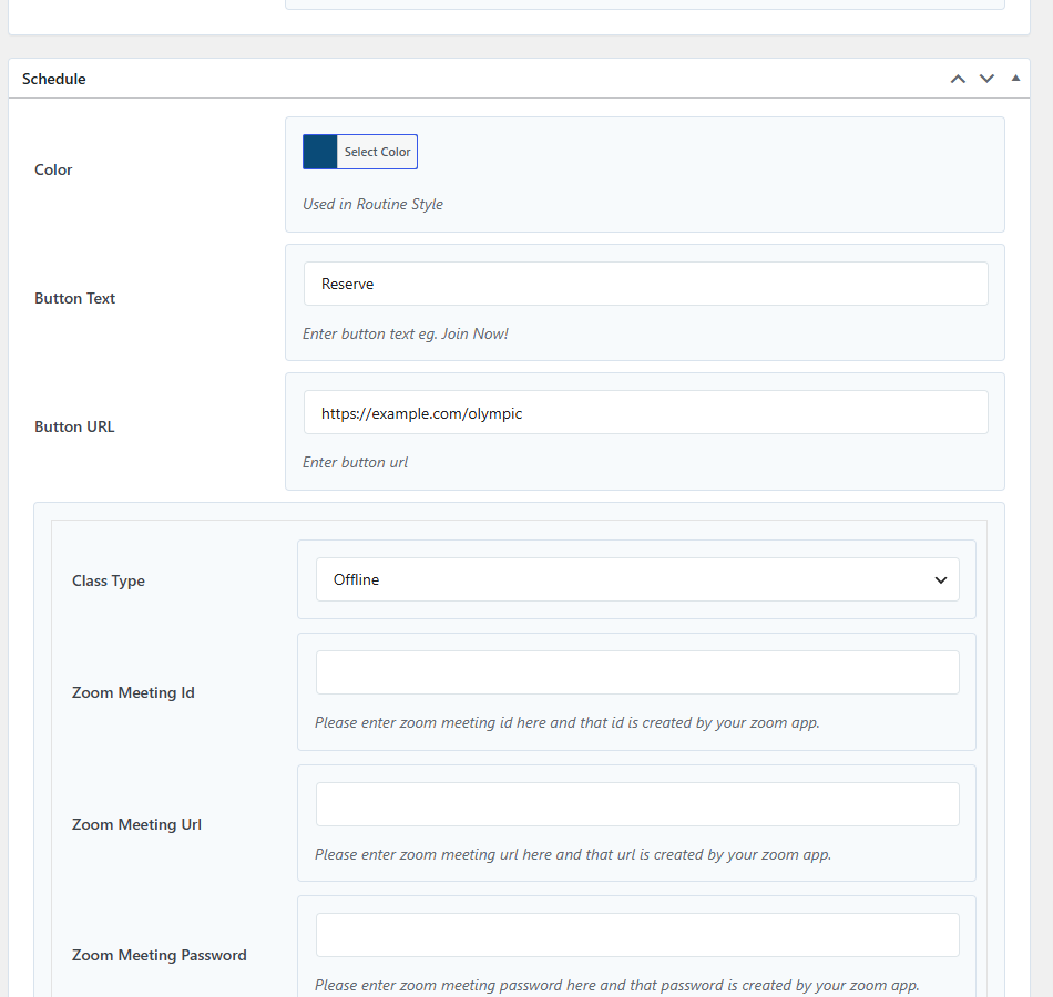 Class edit screen Schedule metabox showing Class Type dropdown plus Zoom Meeting Id / Url / Password fields